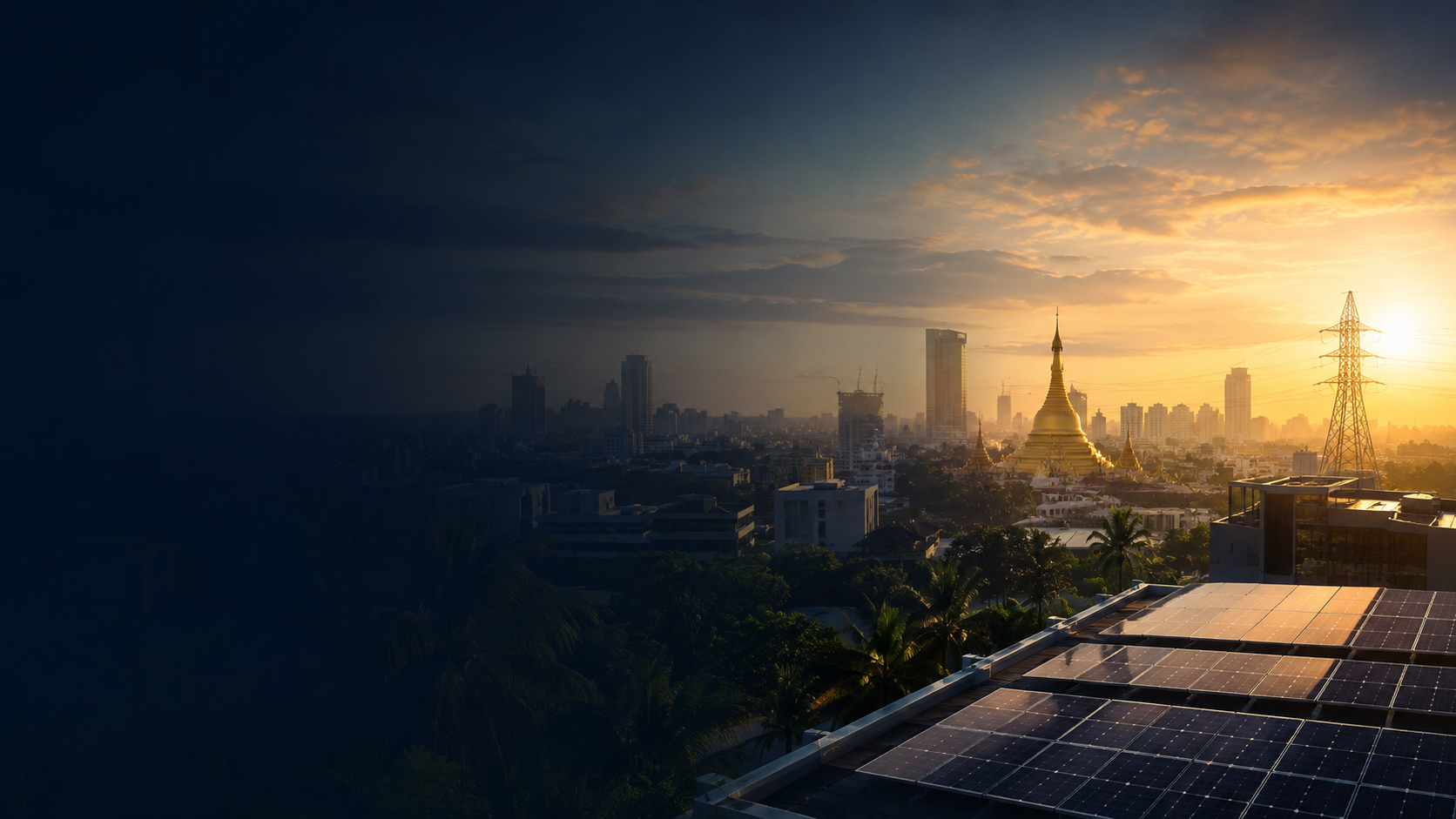 A Myanmar-inspired cityscape with solar and power infrastructure